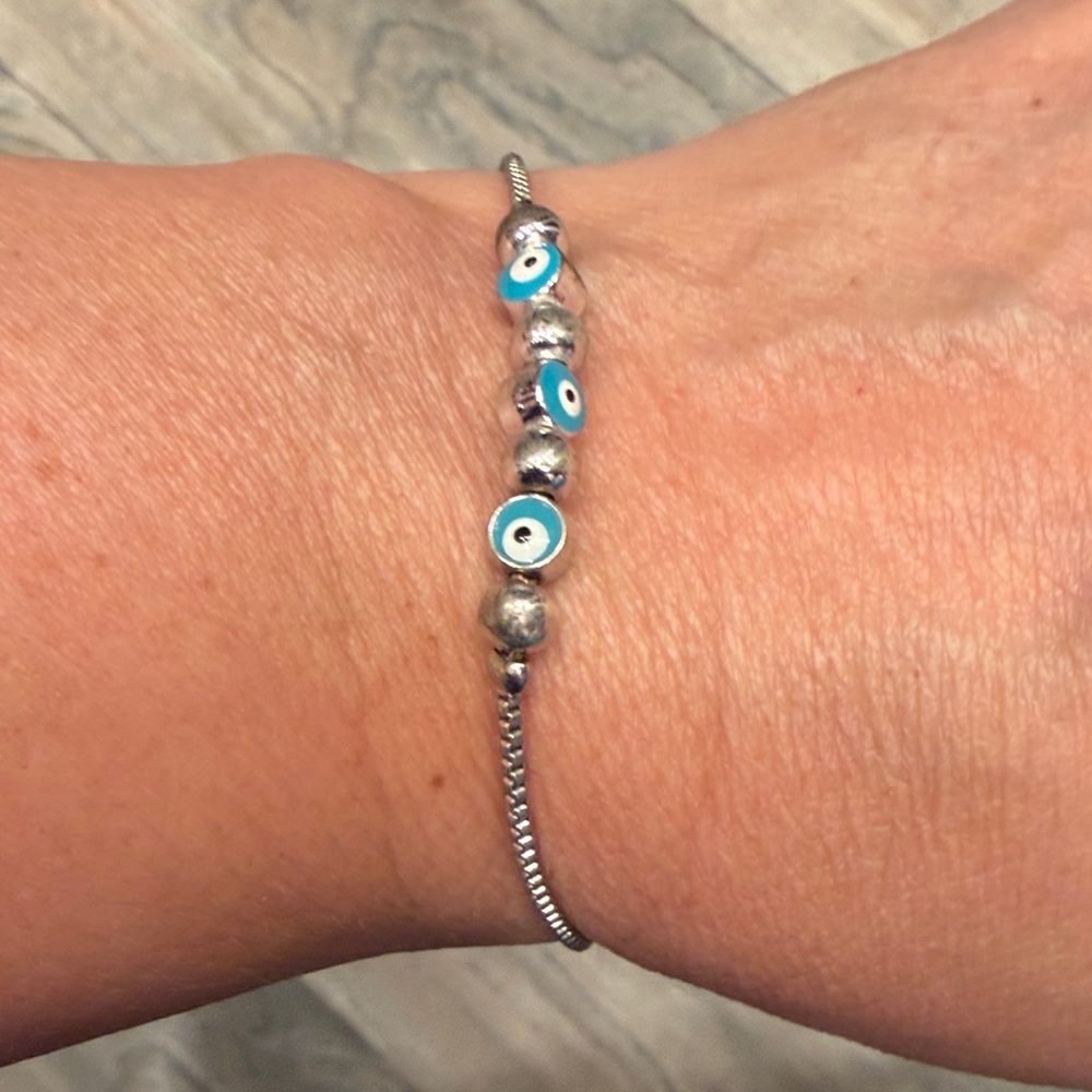 Silver Blue Evil Eye Beaded Bracelet